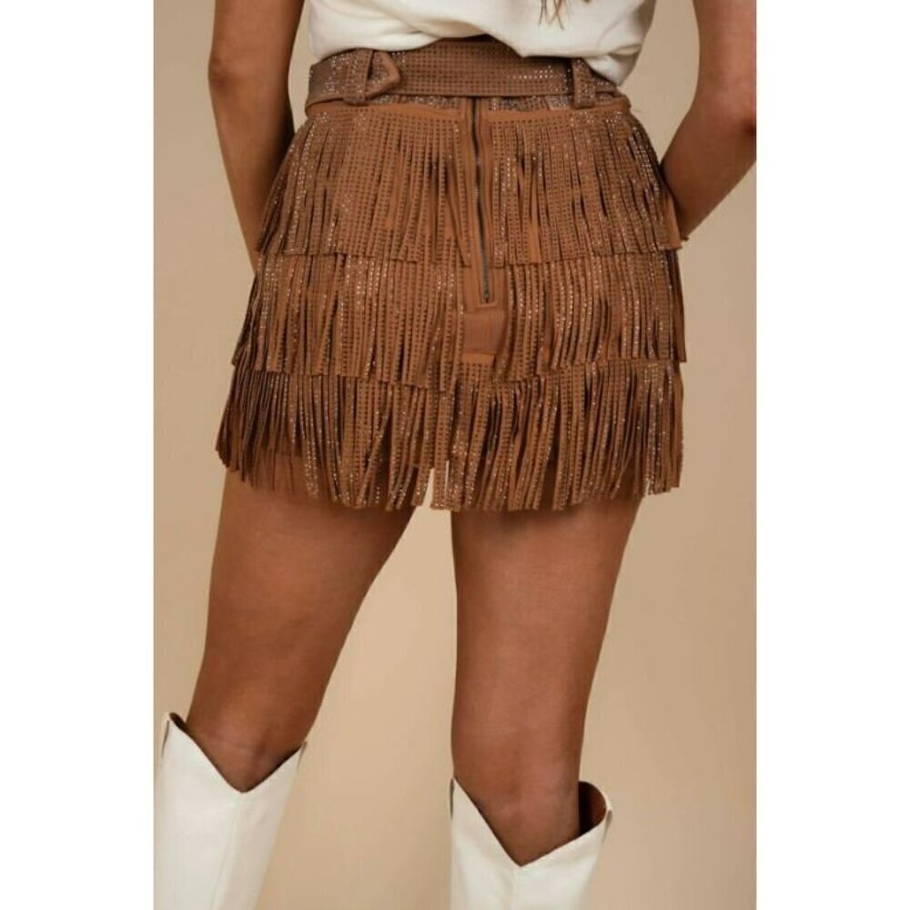 *PLUS ONLY* Spotlight Stealer Rhinestone Fringe Mini Skort Camel - Picture 5 of 10